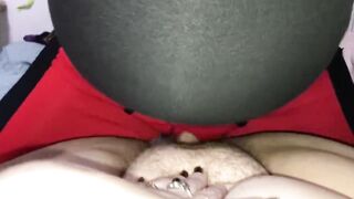 Quick pullout cumshot on plump hairy pussy and chubby belly ????????