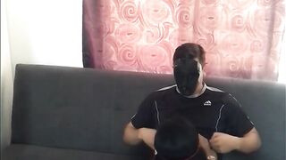 Brunette sucks the courier and the plumber's cock