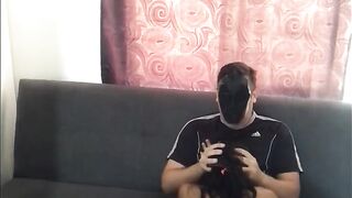 Brunette sucks the courier and the plumber's cock