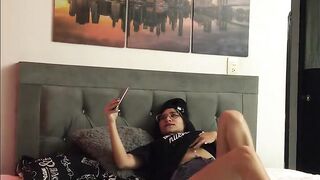 On a video call I show my new clothes to my boyfriend and caress my body.