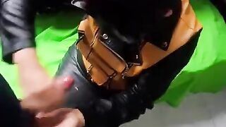 leather mistress handjob & blowjob for a fan custom clip, cumshot on leather skirt