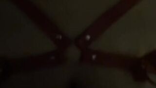 Passionate doggy sex against hotel window, leather cosplay