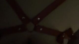 Passionate doggy sex against hotel window, leather cosplay