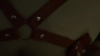 Passionate doggy sex against hotel window, leather cosplay