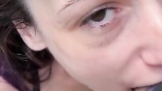 Big brown eyes deepthroat big cock outside