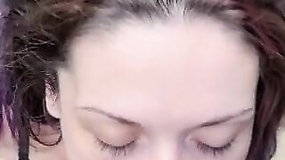 Big brown eyes deepthroat big cock outside