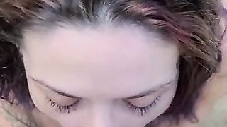 Big brown eyes deepthroat big cock outside