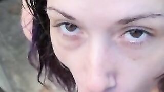 Big brown eyes deepthroat big cock outside
